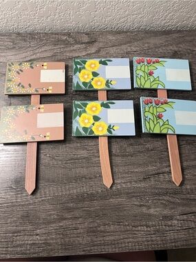 Set of 6 Hand Painted Wooden Plant Markers / Garden Labels Floral Garden Stakes